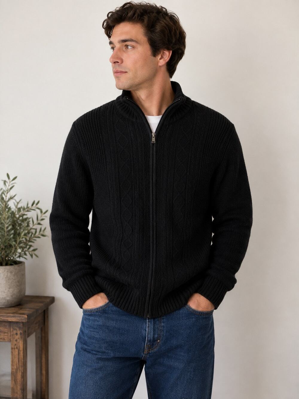 Joseph Abboud Men’s M Black Cable Knit Full Zip Mock Neck Sweater Cardigan
